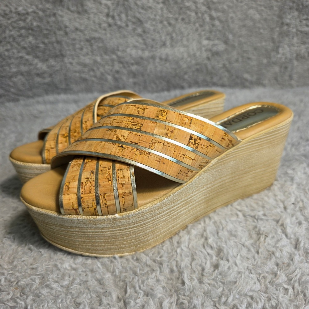 CORDANI‎ Cork Wedge Platform Sandals Metallic Gold Italian Women's EU 40 US 9